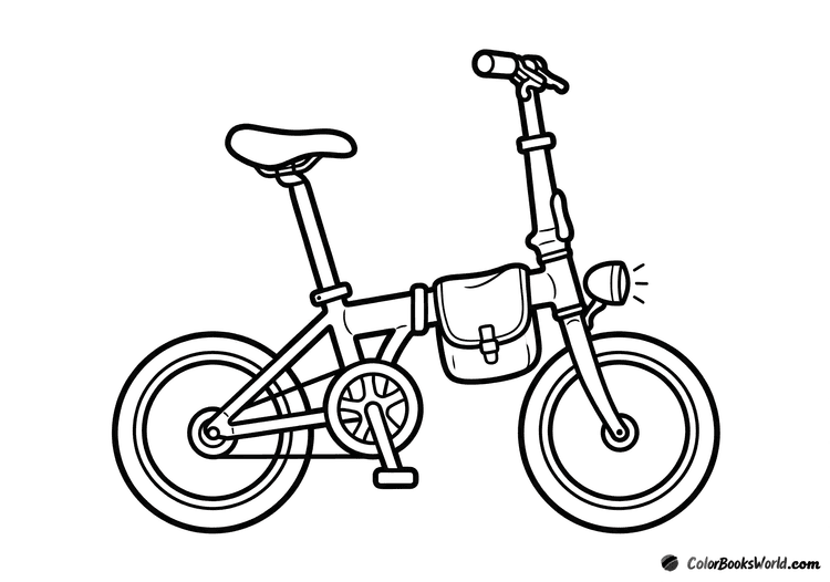 Cartoon folding bicycle with a messenger bag on the frame and a front lamp.