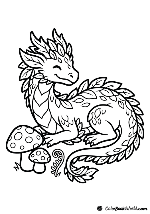 A friendly forest dragon curled beside two toadstools and a fern leaf.