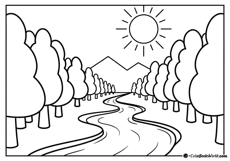 A forest landscape with layered trees, a winding river, and distant mountain silhouettes.