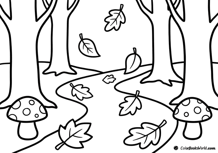 A winding forest path with large falling autumn leaves, simple tree trunks, and small mushrooms.