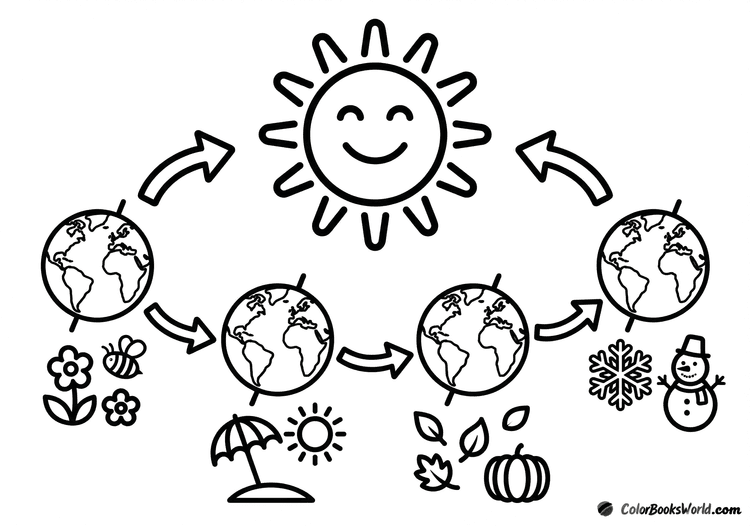 Four tilted Earth globes orbit a smiling sun, showing symbols for spring, summer, autumn, and winter.