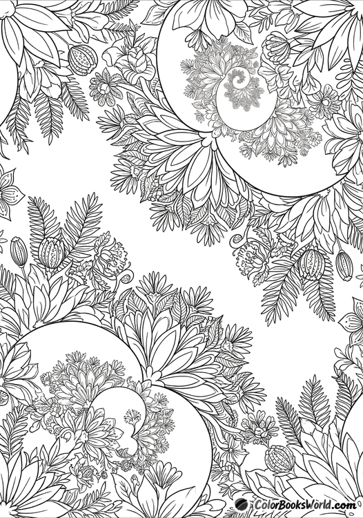 An intricate line art illustration of repeating floral clusters and leaves arranged in a fractal symmetrical field.