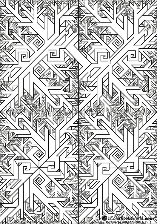 A complex fractal branching pattern with repeating geometric motifs and nested details for coloring.