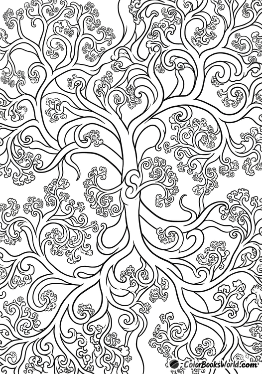 Detailed line art of an organic fractal network with branching limbs and intricate micro-rosettes for coloring.