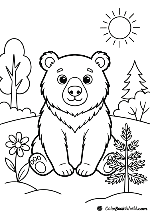 A cute cartoon brown bear sits in a sunny forest glade beside a wildflower and a young pine sapling.