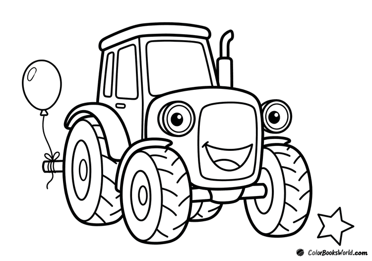 Front view of a smiling cartoon tractor with headlight eyes, a balloon, and a small star.