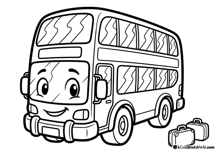 Front-view cartoon double-decker bus with two travel suitcases beside it.