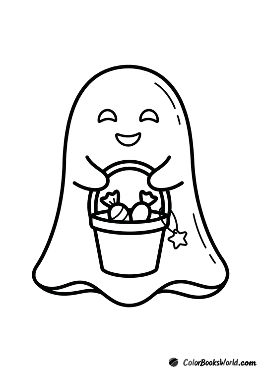 A smiling friendly ghost holding a candy bucket with a small star tag.