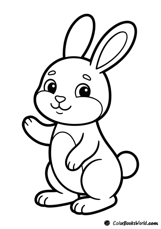 A cheerful cartoon rabbit standing upright and waving with one front paw.