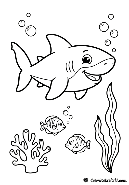 A smiling cartoon reef shark swims with two small tropical fish near coral and seaweed.