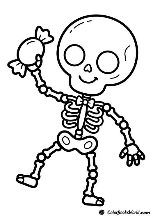 A smiling skeleton wearing a bow tie and holding a piece of Halloween candy.