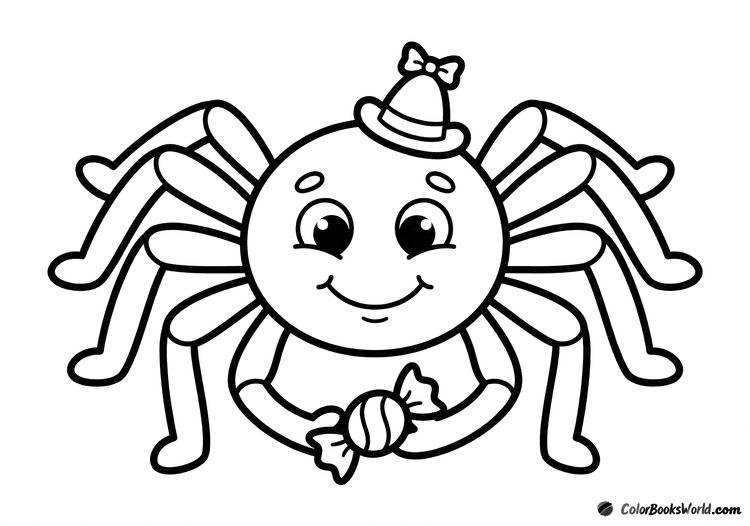 A cute spider wearing a tiny clown hat with a bow, holding a wrapped candy.