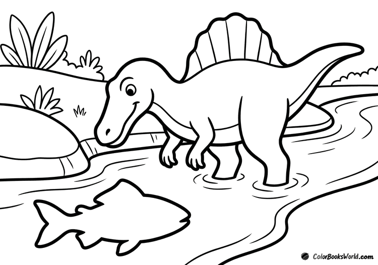 A friendly cartoon spinosaurus with a back sail stands in a shallow river, watching a single fish.