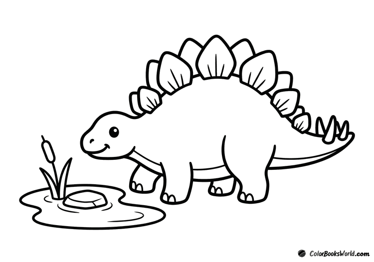 A friendly cartoon stegosaurus with large back plates walking beside a small pond with a reed.
