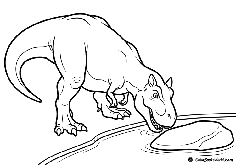 A friendly cartoon T-Rex lowers its head to drink from a small waterhole beside a smooth rock.