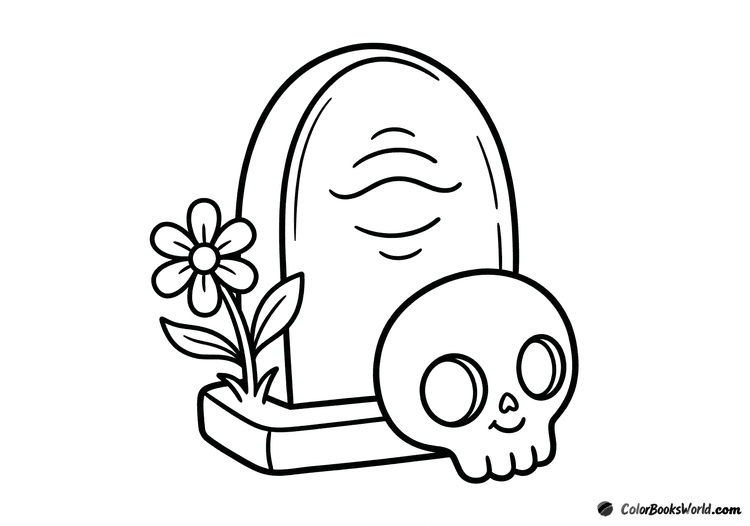 A rounded tombstone with a smiling skull and a single flower at the base.