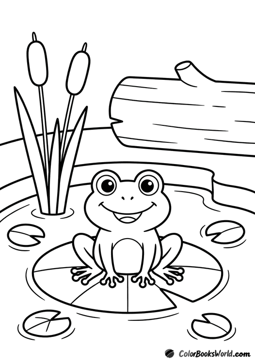 A cute cartoon frog sits on a large lily pad in a quiet forest pond.
