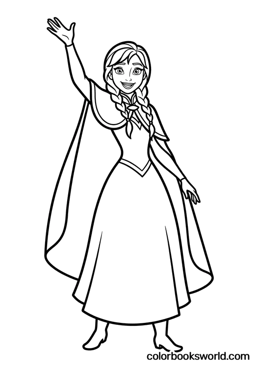 Anna smiles and waves with one arm raised, wearing a long dress and cloak, her hair in two braids.