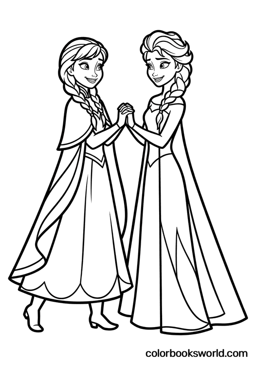 Elsa and Anna face each other, holding hands and smiling warmly.
