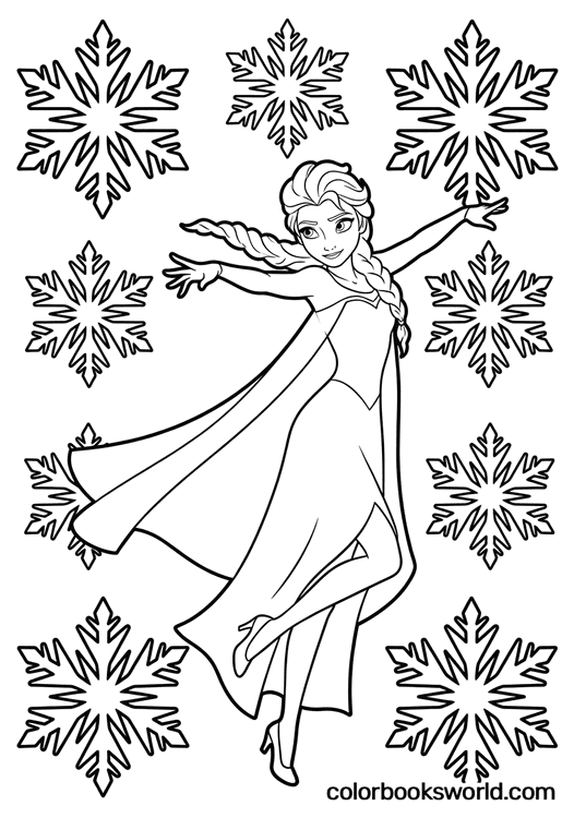 Elsa twirls with arms outstretched and a flowing cape, surrounded by large stylized snowflakes.