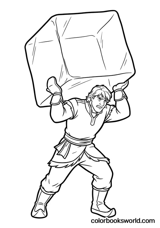 Kristoff strains as he lifts a large rectangular block of ice above his head.