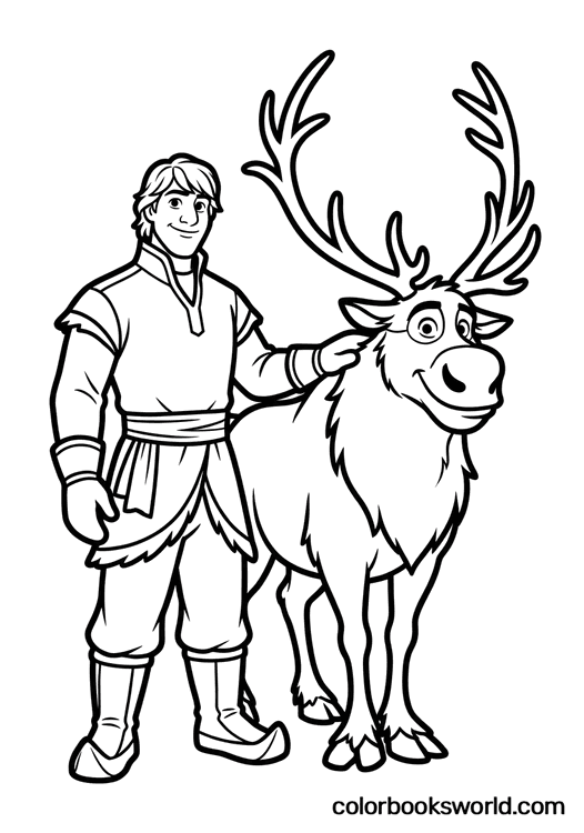 Kristoff stands beside Sven with a hand on the reindeer's neck, both calm and friendly.