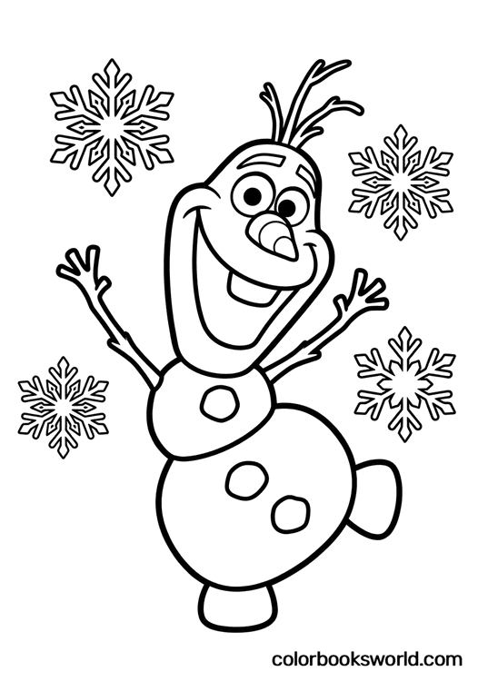 Olaf raises his arms with a big grin as stylized snowflakes swirl around him.