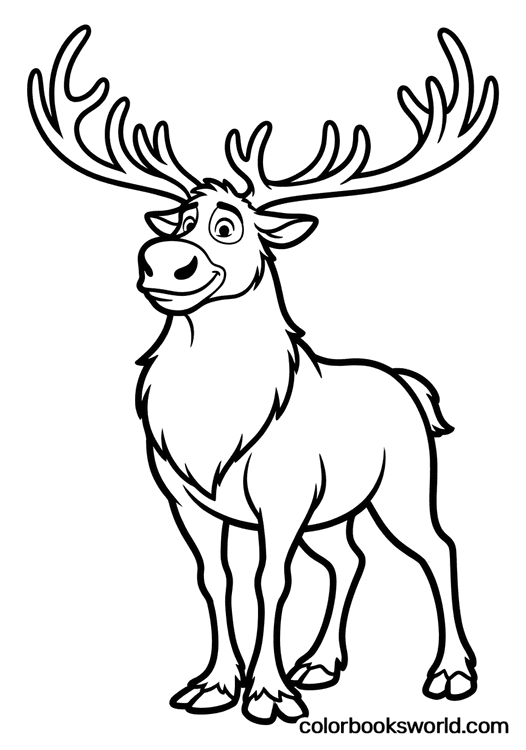 Sven the reindeer stands upright with large antlers, fluffy chest fur, and a friendly expression.
