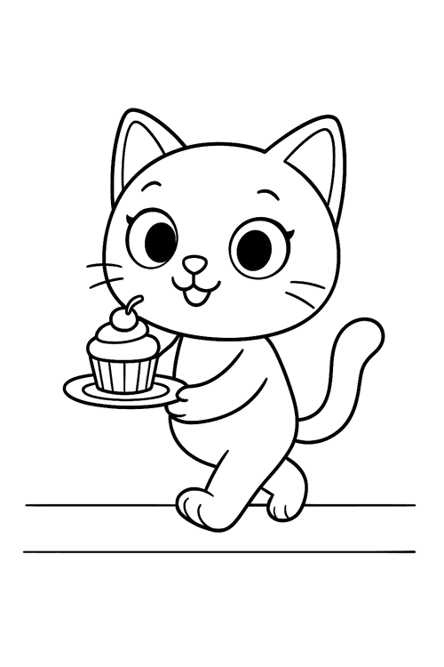 A cheerful cat carries a cupcake on a small plate above a simple tabletop line.