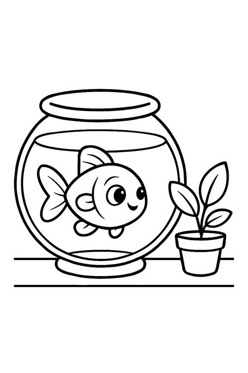 A cheerful fish swims in a round glass bowl on a table beside a small potted plant.