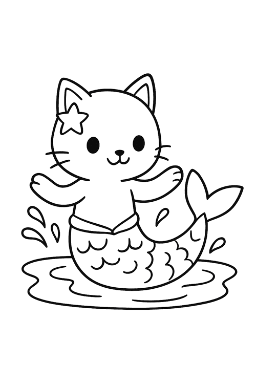 A cheerful cat with a mermaid tail splashes in a small pool surrounded by flowers.