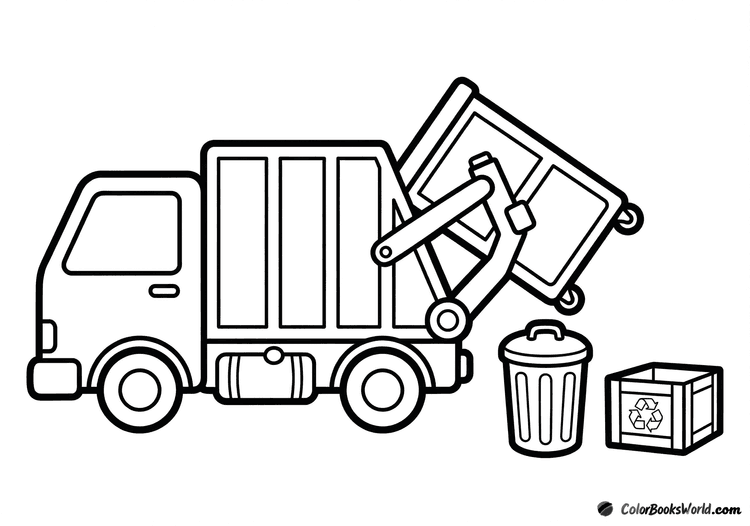 Cartoon garbage truck lifting a rear bin, with a trash can and a recycling crate beside it.
