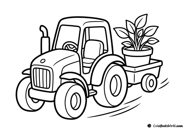 A small garden tractor pulling a cart with a single potted plant.