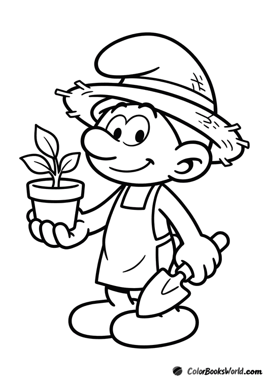 Gardener Smurf holds a small potted plant and a garden trowel.