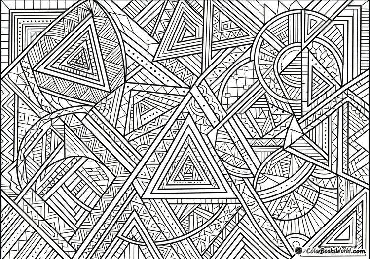 Intricate geometric line art featuring overlapping triangles, circles, and striped patterns for adult coloring.
