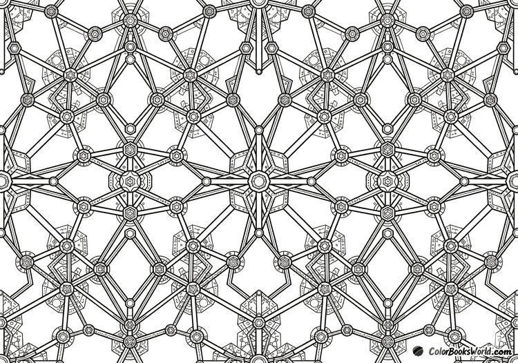 An intricate geometric network of nodes and connecting lines forming polygons and stars for coloring.