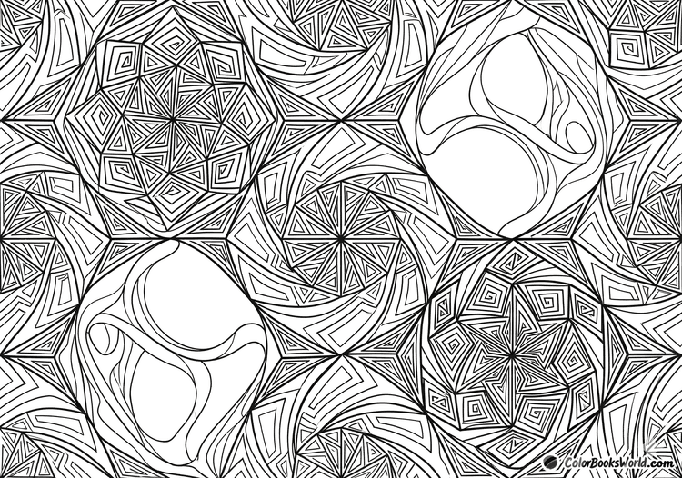 Intricate line art of interlocking geometric shapes and spirals creating a hypnotic optical tessellation pattern.