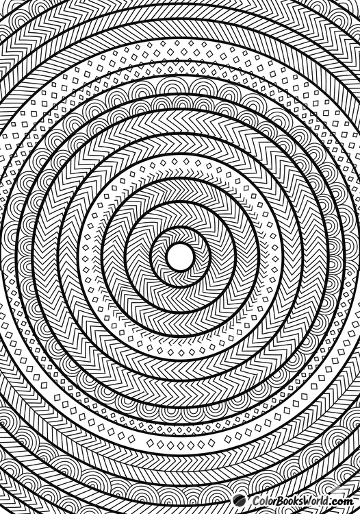 A multi-layered spiral pattern with concentric circles of chevrons, diamonds, and arcs in black and white line art.