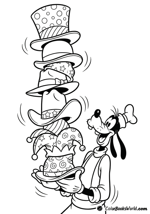 Goofy juggling a tall stack of patterned hats, looking surprised as they wobble.