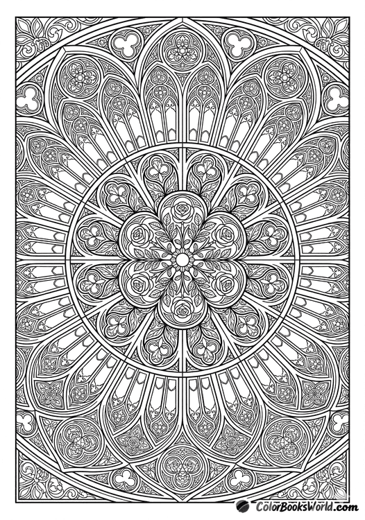 Intricate gothic rose window mandala with pointed arches and floral tracery in a radial pattern.