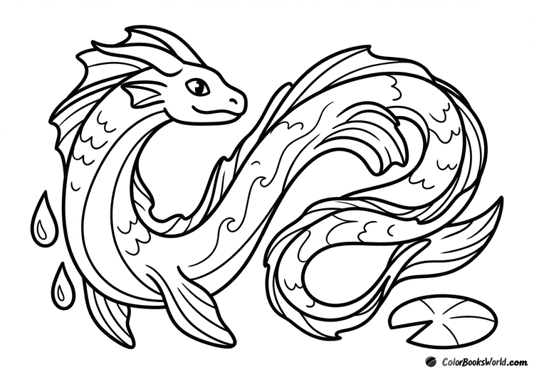 A sleek water dragon curled beside a lily pad with two stylized water droplets.