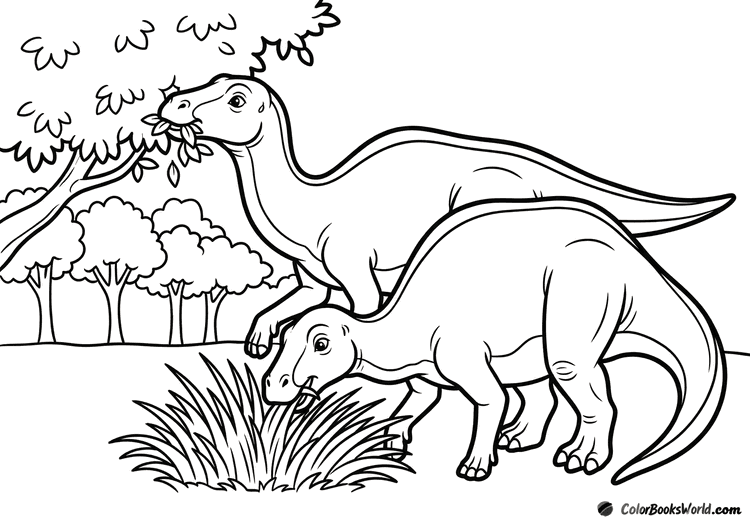 Two friendly cartoon hadrosaurs graze on leaves beside a simple tree line and a grass clump.