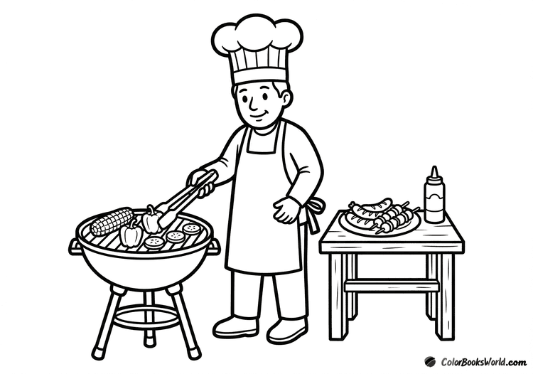 A chef in an apron uses tongs to grill corn and peppers on a barbecue grill next to a table with food.