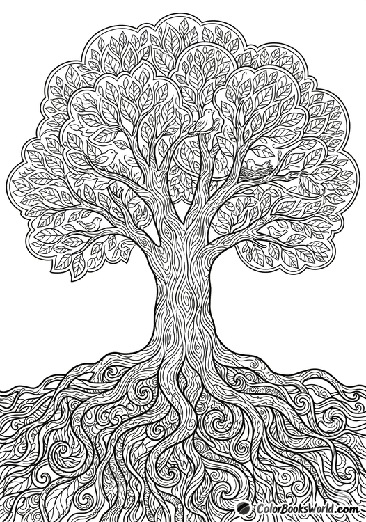 An intricate line art of a large tree with deep swirling roots, a leafy canopy, and small birds nesting in branches.