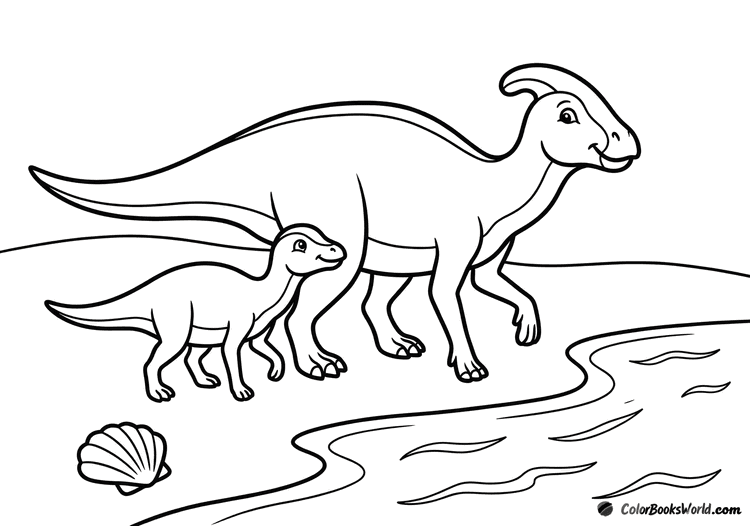 An adult and young hadrosaur walk along the shore with a seashell and simple waves.