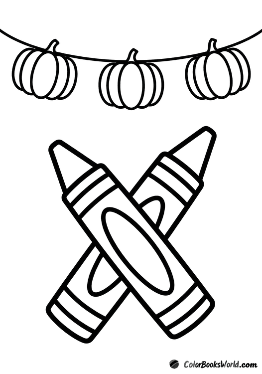 A garland of three pumpkins with two large crossed crayons underneath.