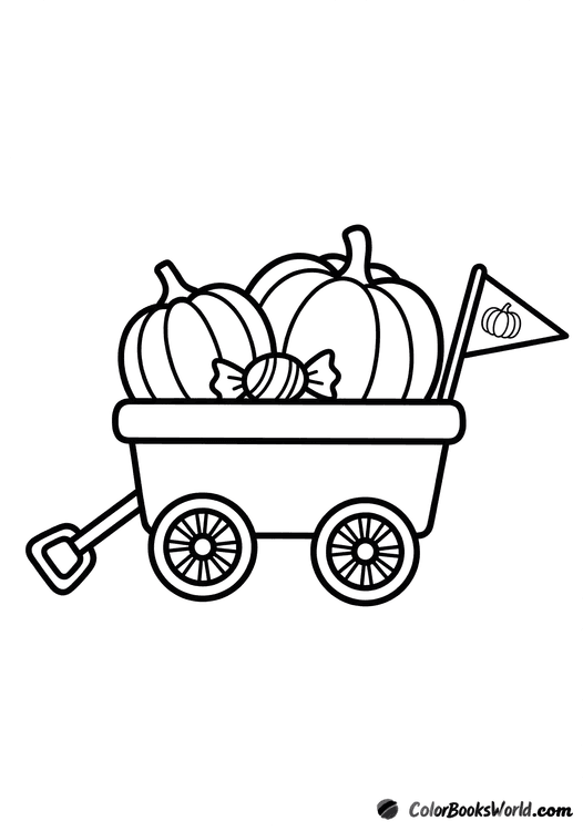 A toy wagon holding two pumpkins and a wrapped candy, with a small pumpkin pennant on the side.