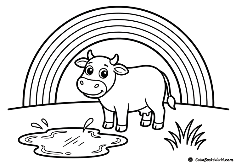 A smiling cartoon cow stands under a large rainbow, with a small puddle and grass nearby.