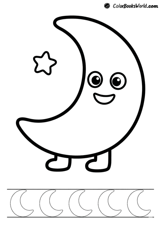 A smiling crescent moon character with a small star beside it and dotted moons for tracing.