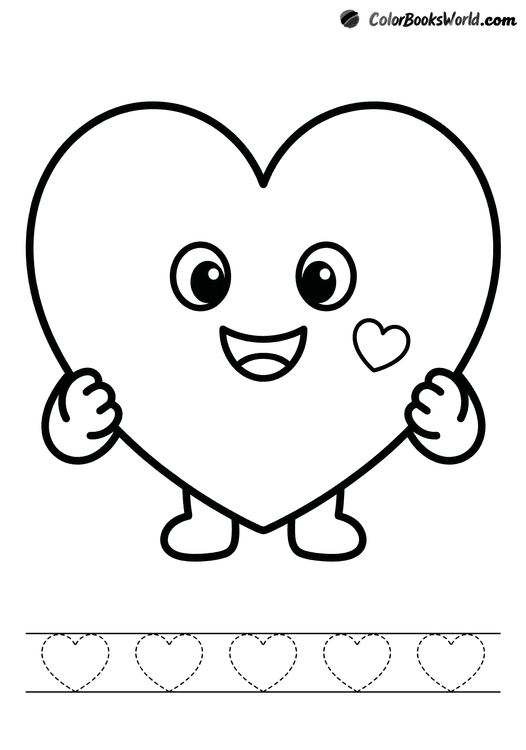 A smiling heart character with small arms and feet, plus a row of dotted hearts for tracing.